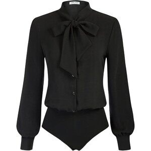 Women Bow Tie Neck Office Blouse Button Down Long Sleeve Bodysuits Blouse